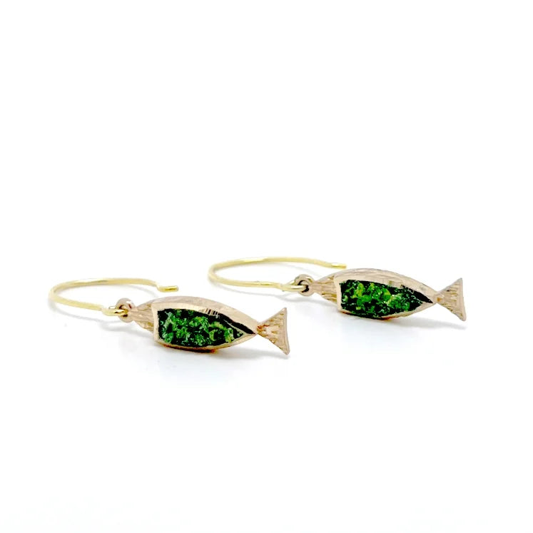 Handmade earrings made of brass, diamond-encrusted with painted patina